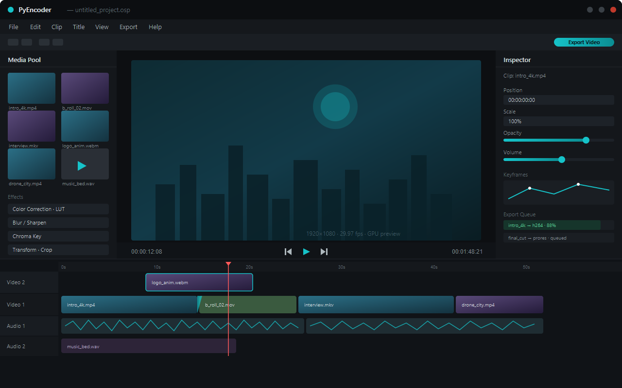 PyEncoder editor — media pool, GPU preview, inspector and multi-track timeline